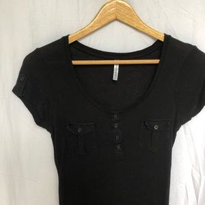 Black Scoop Neck Button Front Top